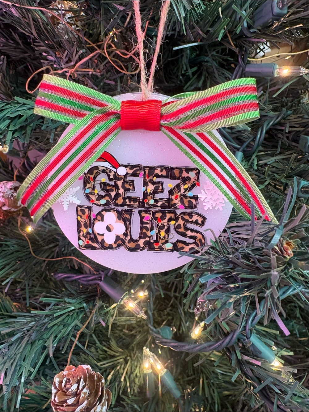 Festive 'Get Lit' Leopard Print Ornament with Red & Green Bow